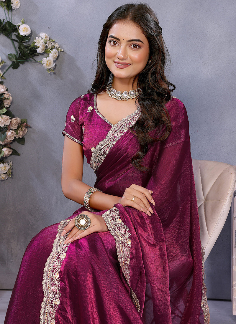 Vellora Wine Fendi Chiffon Embroidery Resham Work Saree