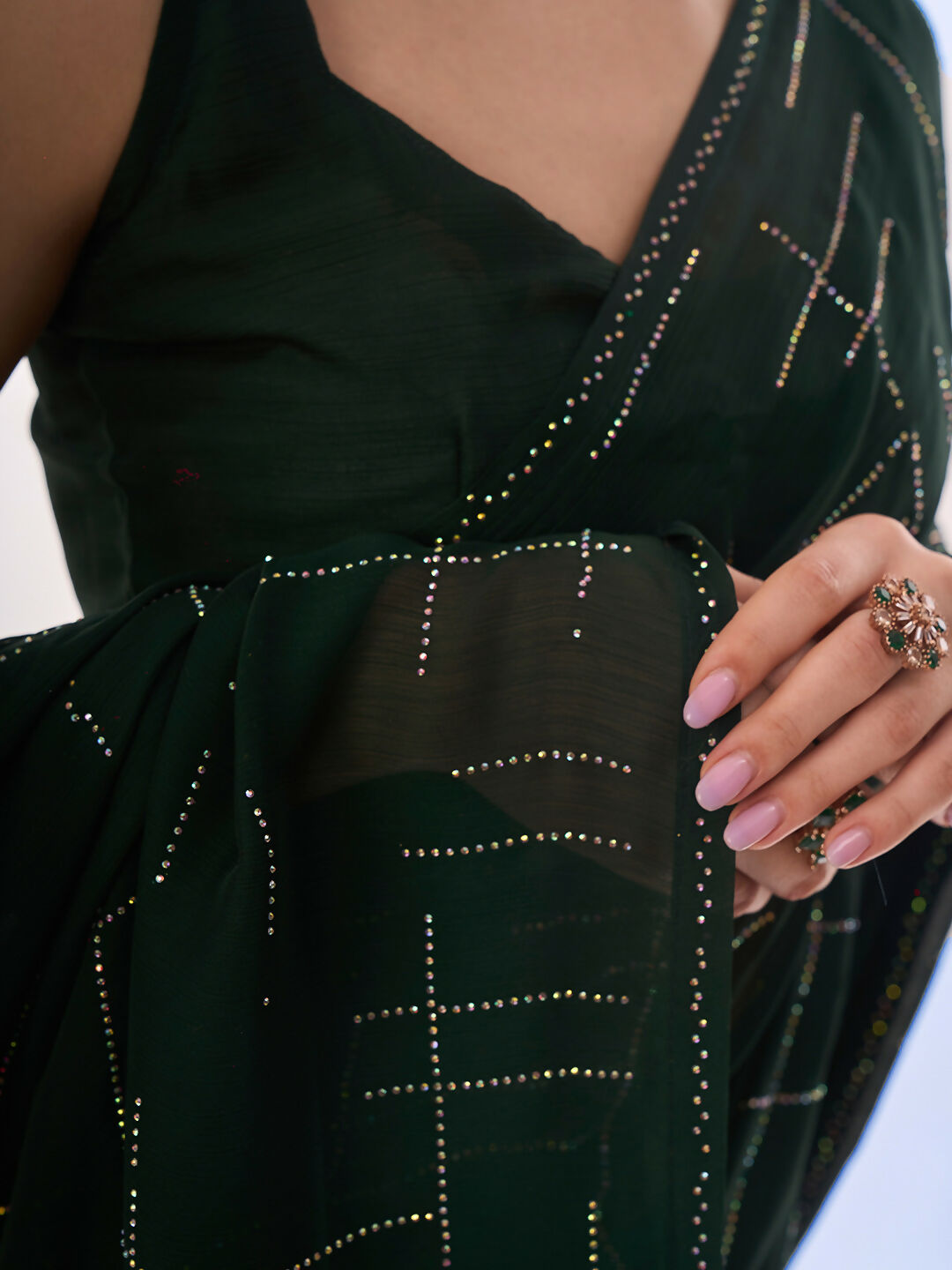 Green Satin Chiffon Designer Work Lace Border & Swarovski Work Saree - Orchid