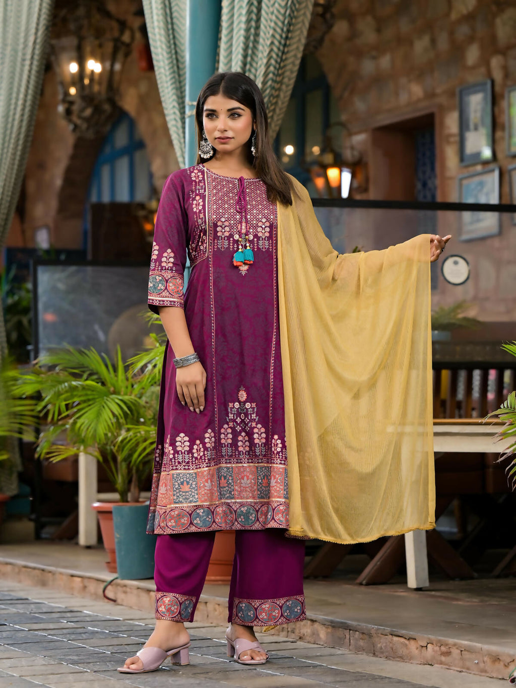 Juniper Women's Plum Floral Printed Liva Rayon Kurta Pant And Dupatta Set With Thread Work Gota Patti & Beads