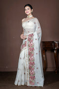 Morchari Off White Supernet Cross Embroidery Saree Unstitched Blouse