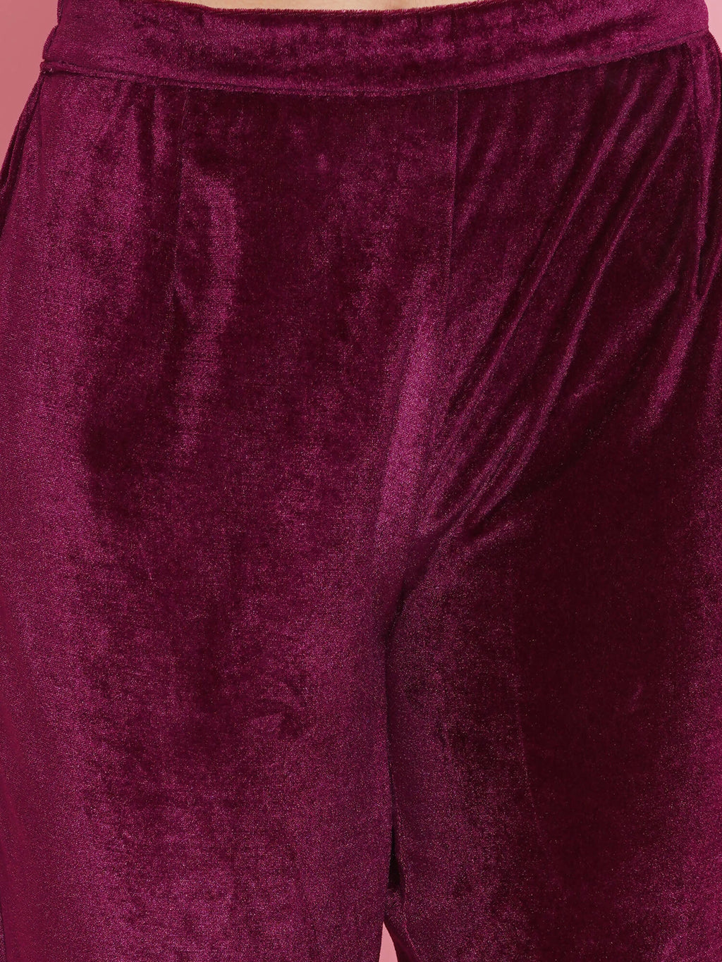 Women Republic Burgundy Velvet Kurta With Attached Neckalace,Belt And Pant