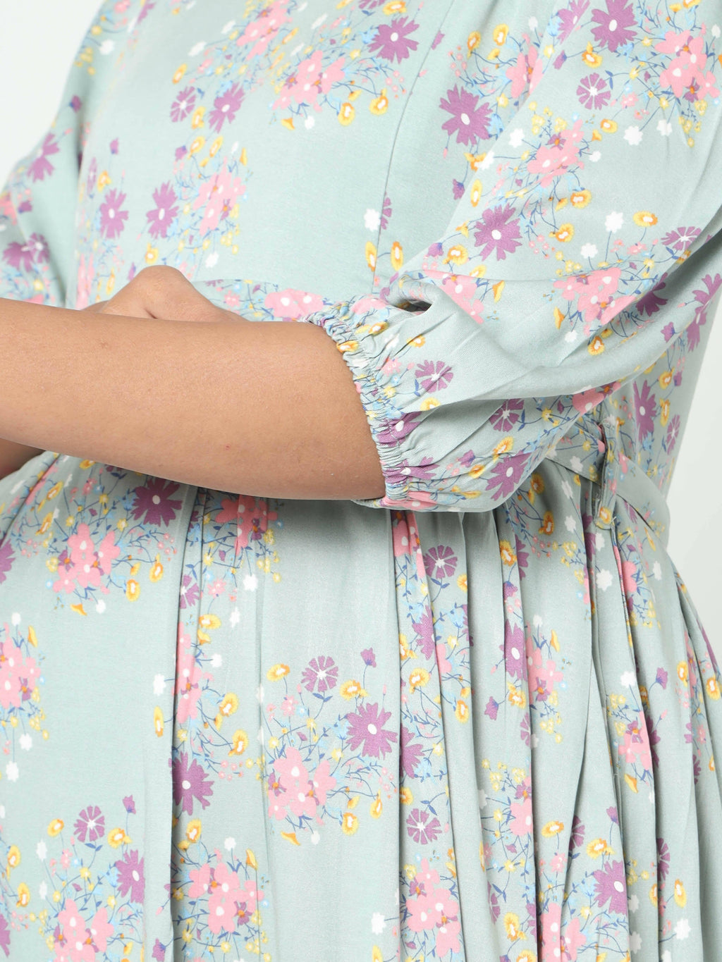Manet Three Fourth Maternity Dress Pink Floral Print With Concealed Zipper Nursing Access - Green