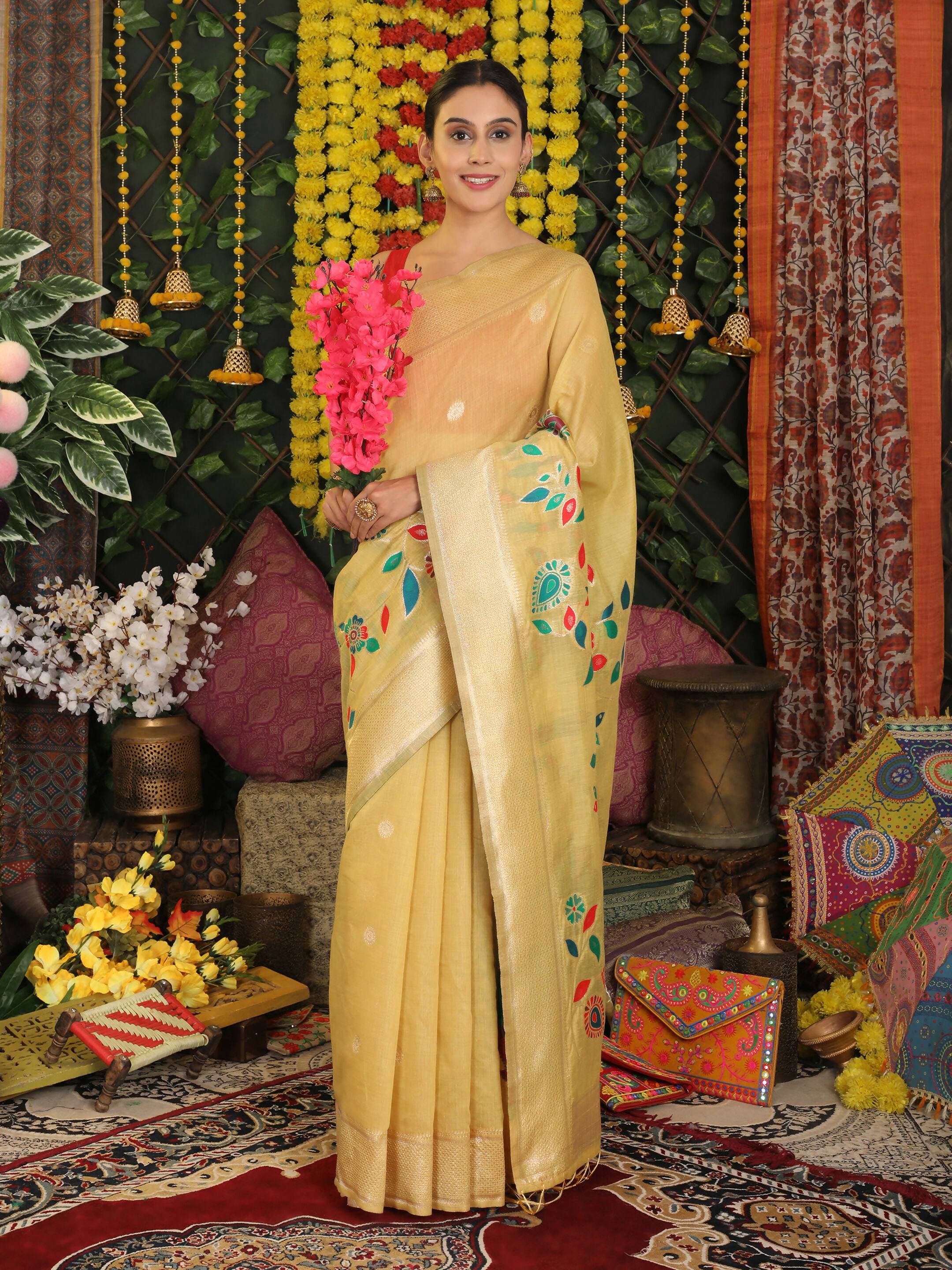 Shree Shyam Fashion Linen Cotton Yellow Saree