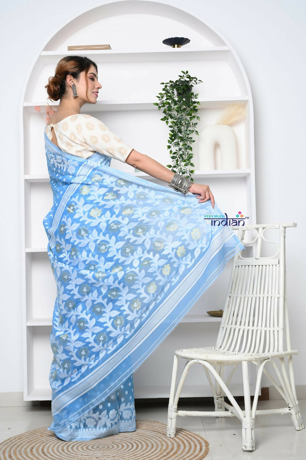 Very Much Indian Jamdhani Cotton Saree - Powder Blue