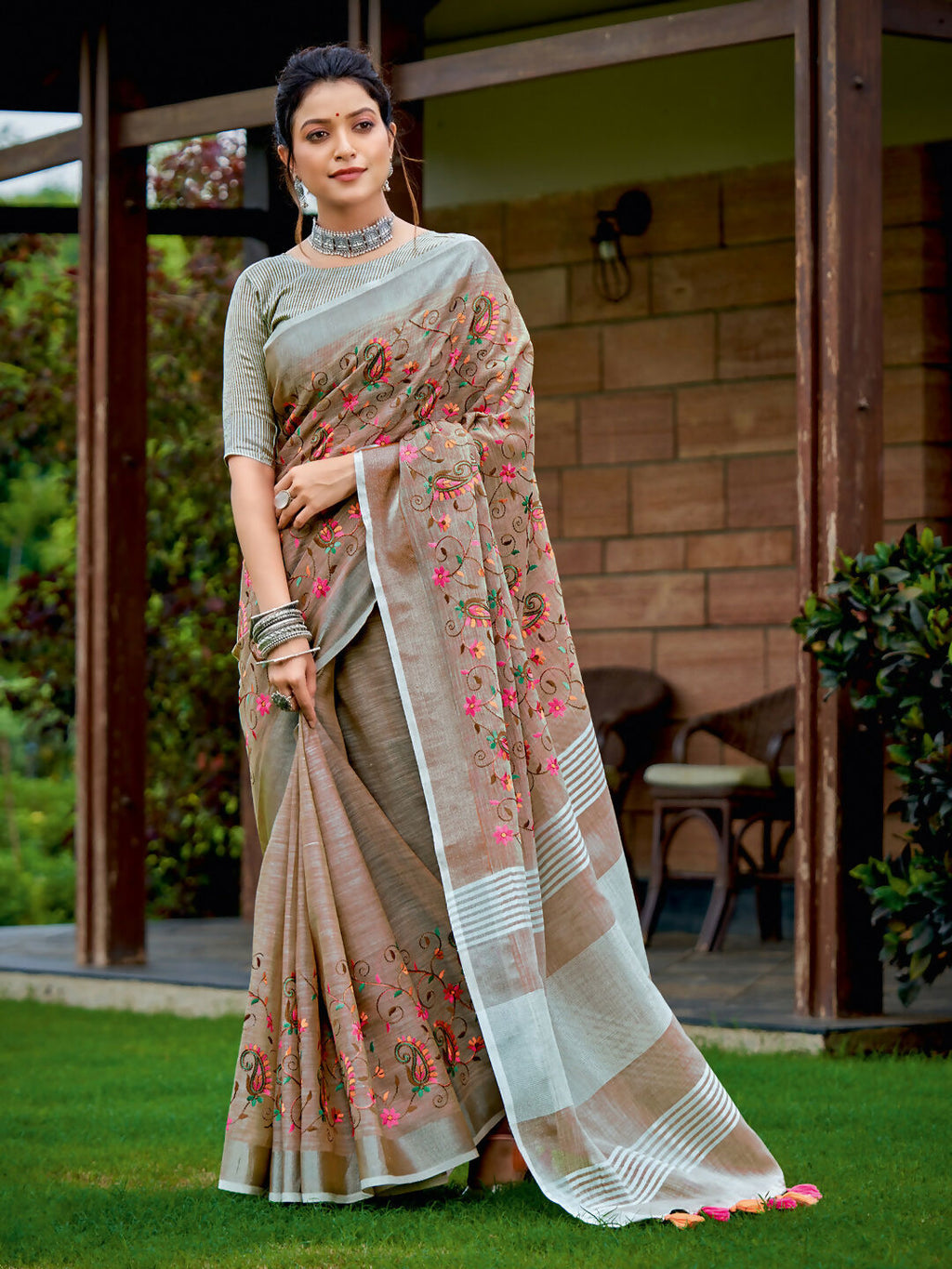 Shree Shyam Fashion Linen Brown Saree