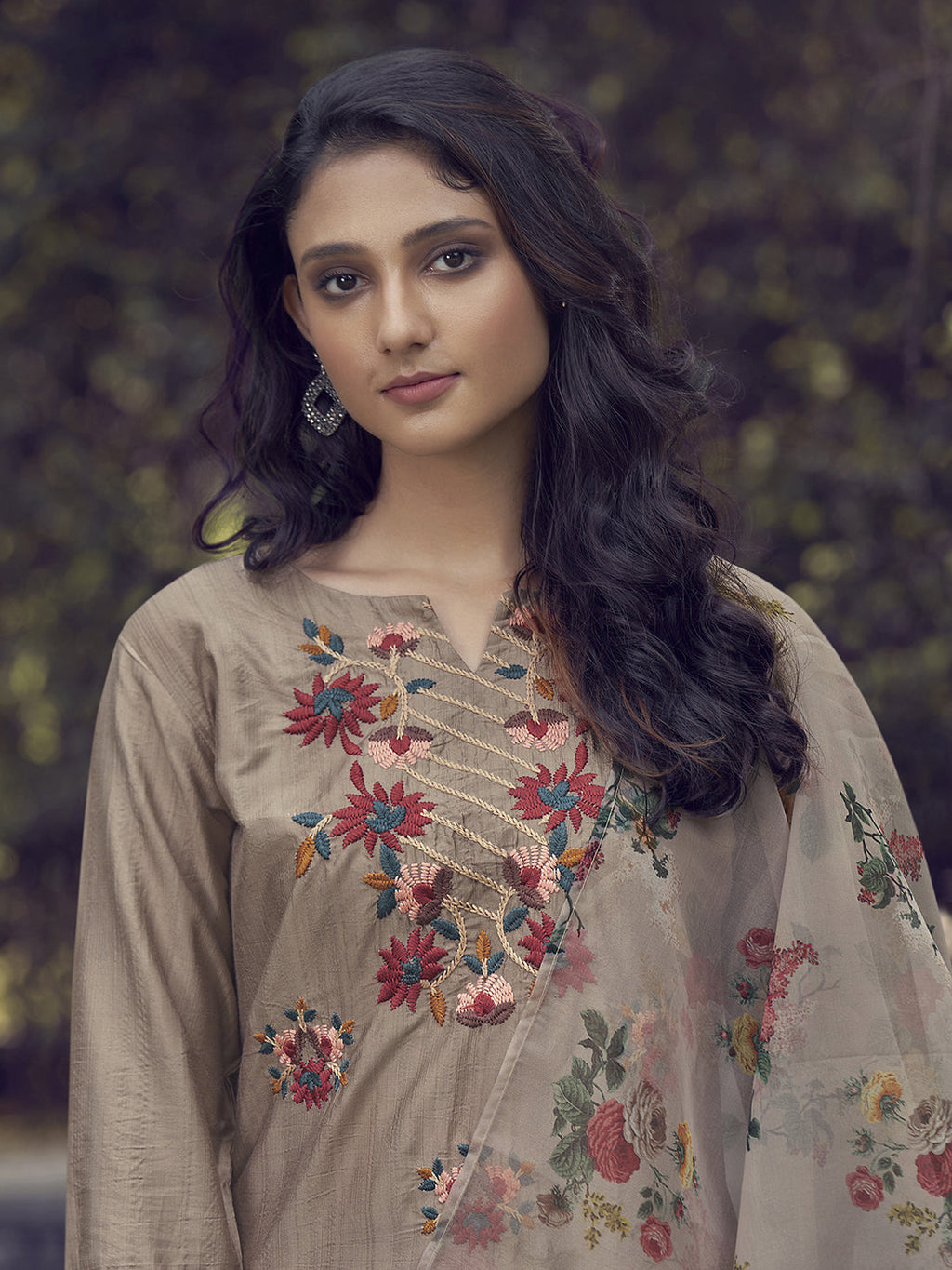 Indo Era Coffee Embroidered Straight Kurta Trouser With Dupatta Set