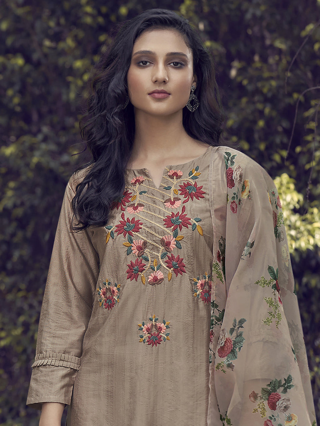 Indo Era Coffee Embroidered Straight Kurta Trouser With Dupatta Set