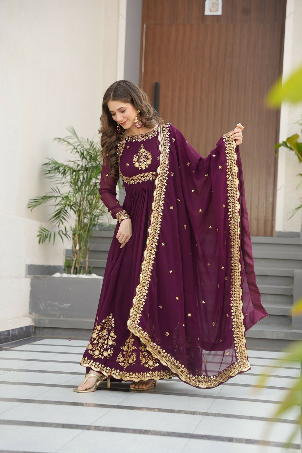 Joban Fashion Wine Georgette Sequence Embroidery Work Kurta Set