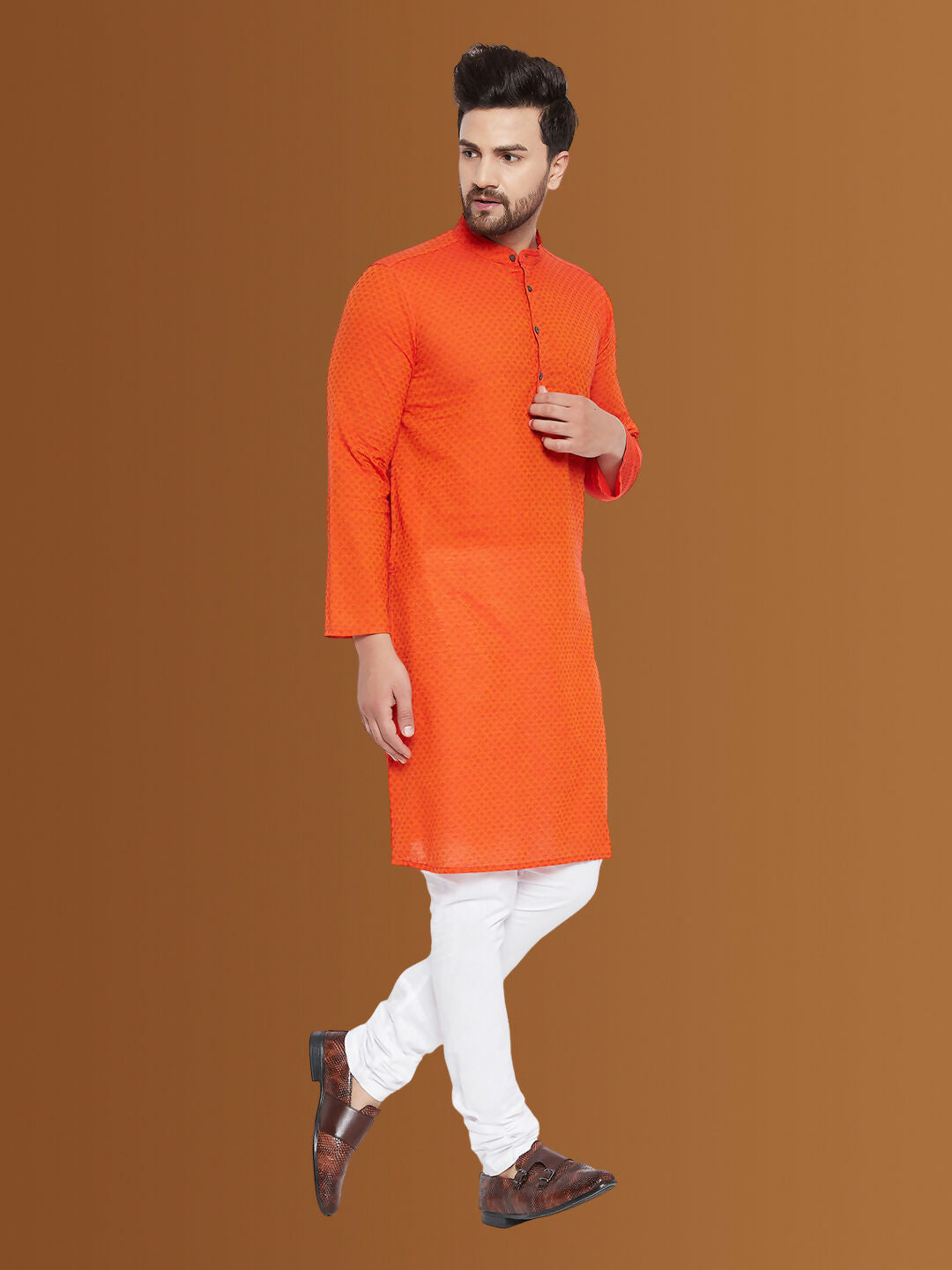 Even Apparels Men's Pure Cotton Orange Striped Kurta