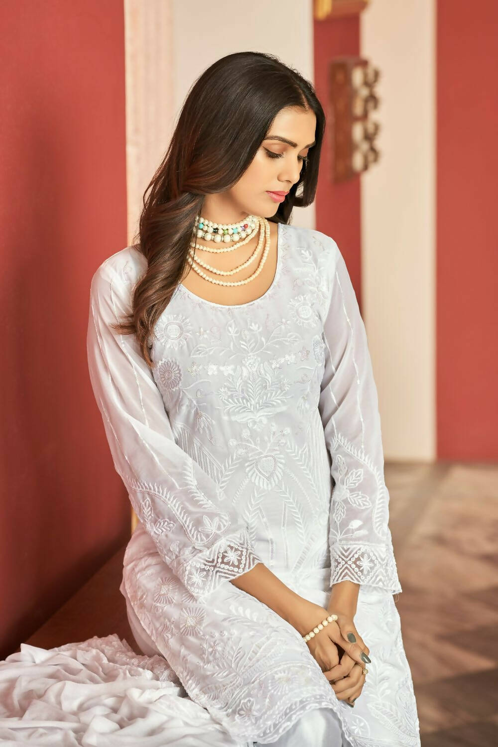 White Heavy Faux Georgette Embroidered Semi Stitched Suit - Dhvani