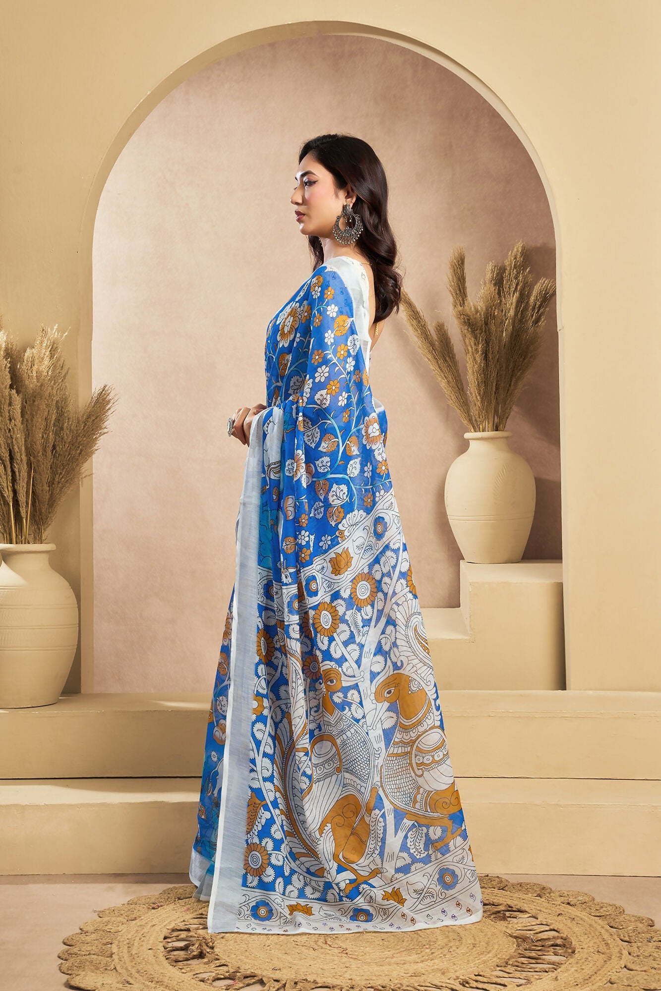 Vastranavya Blue Digital Printed Linen Ready To Wear Designer Saree with Unstitched Blouse