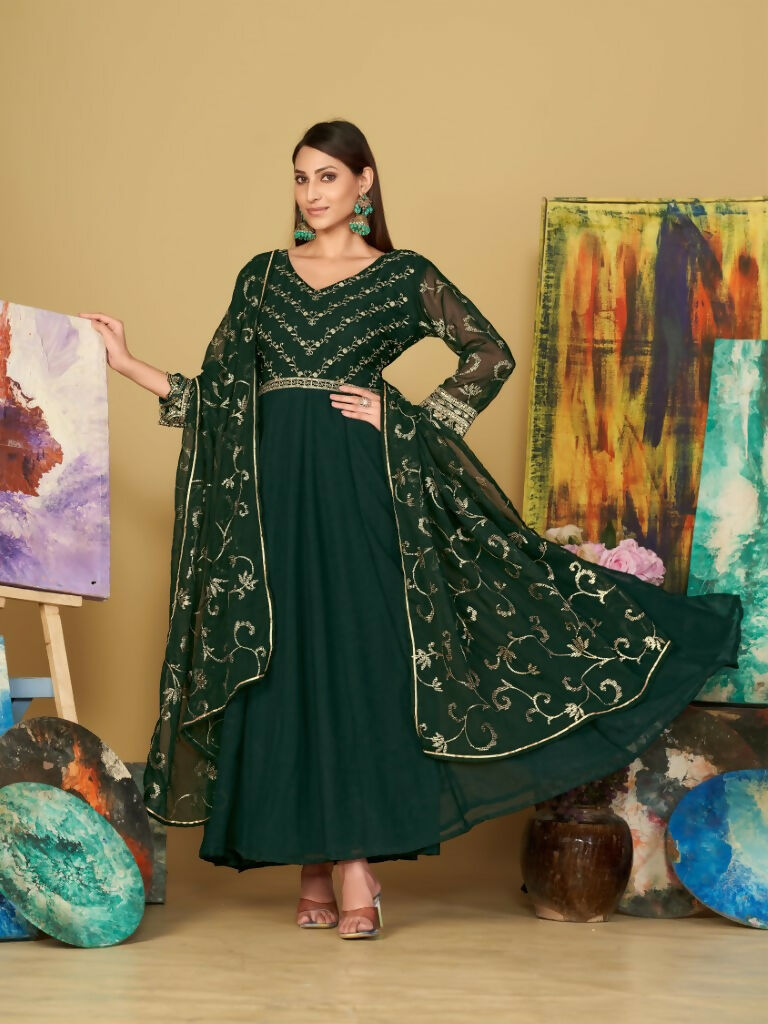 Jyoti Fashion Women's Bottle Green Georgette Embroidered Anarkali Kurta Pant Set With Dupatta
