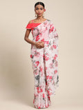 Ahalyaa Women's White Chiffon Digital Print Floral Saree