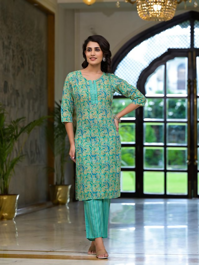 Juniper Women's Green Ethnic Motif Printed Cotton Kurta Pant And Dupatta Set With Mirror Work & Sequins