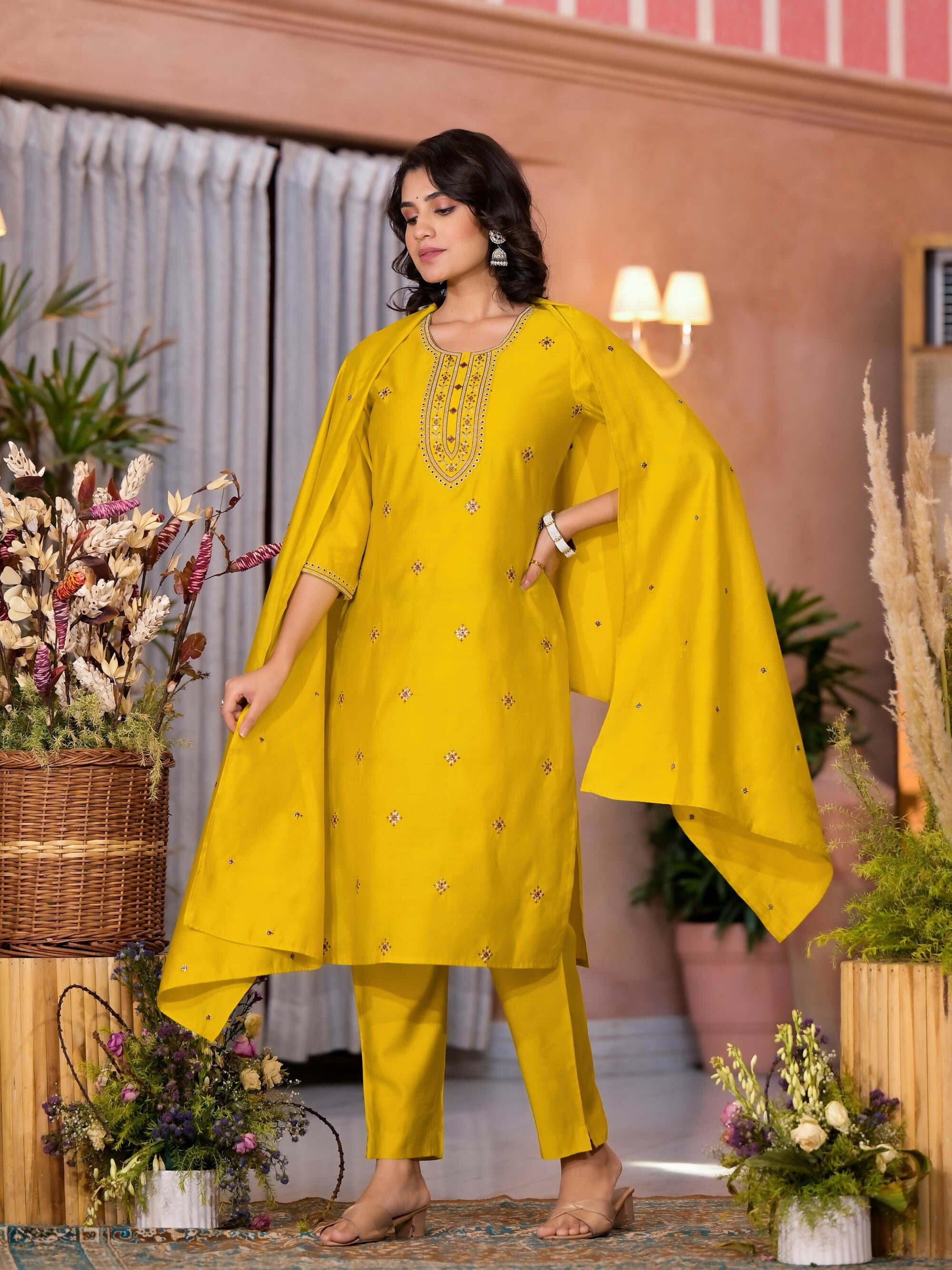 Juniper Women's Yellow Thread Embroidered Viscose Kurta Pant And Dupatta Set With Zari Work
