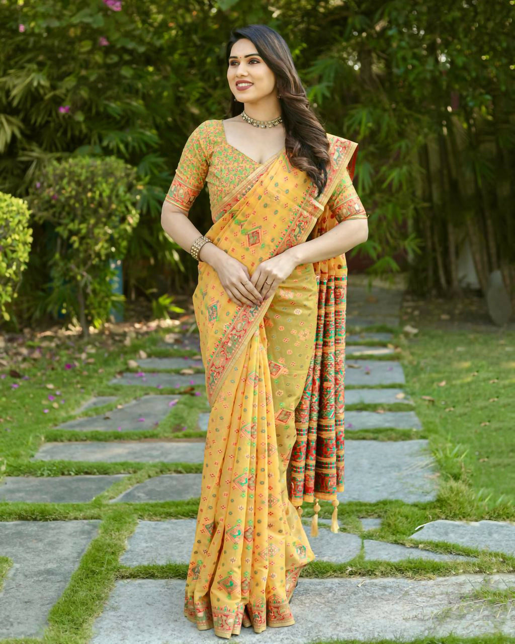 Vastranavya Luxury and Beautiful Soft, Smooth, Flowing Original Pashmina Soft Cotton Saree with Matching Blouse Fabric - Yellow