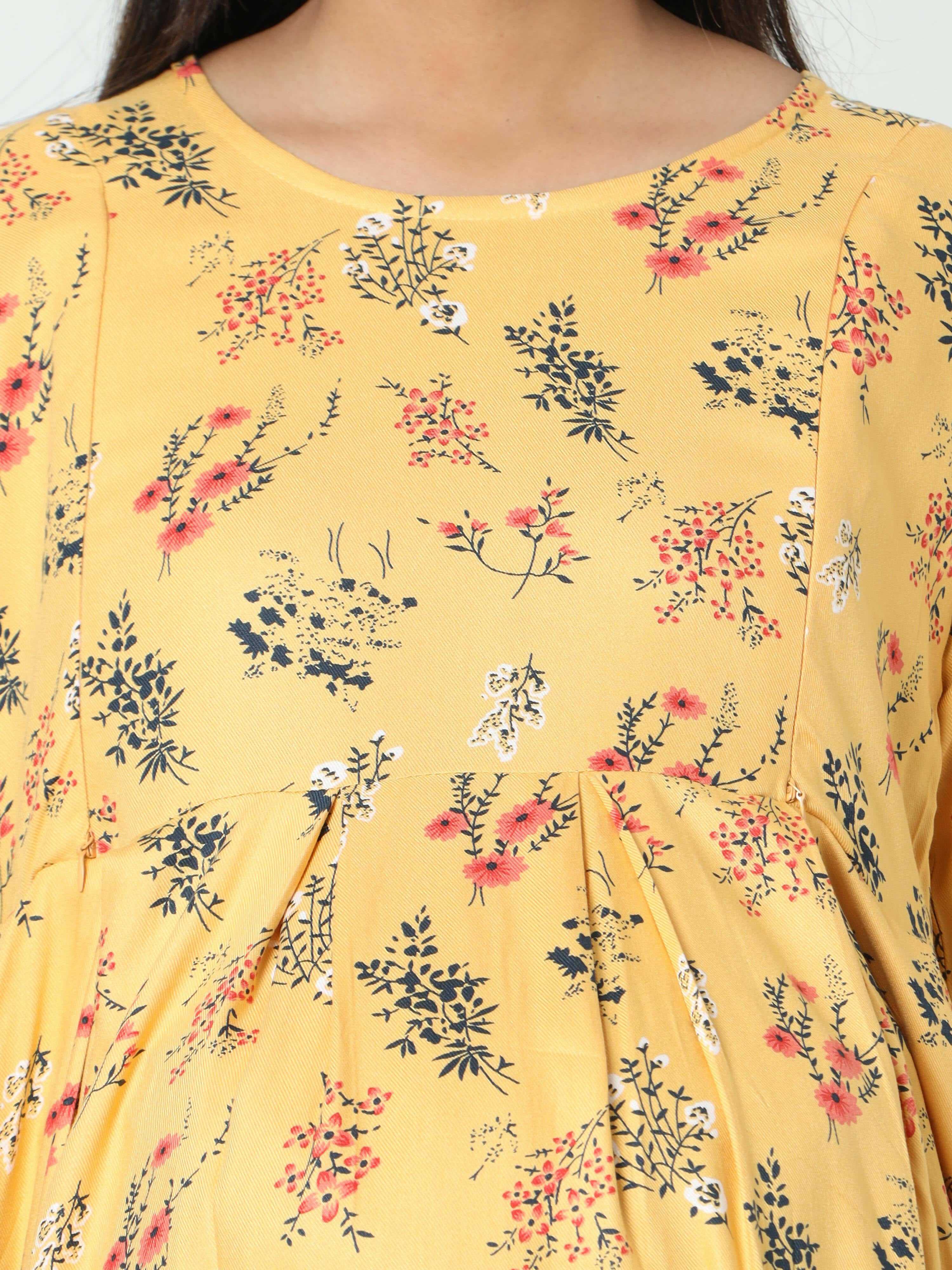 Manet Three Fourth Maternity Dress Floral Print With Concealed Zipper Nursing Access - Yellow