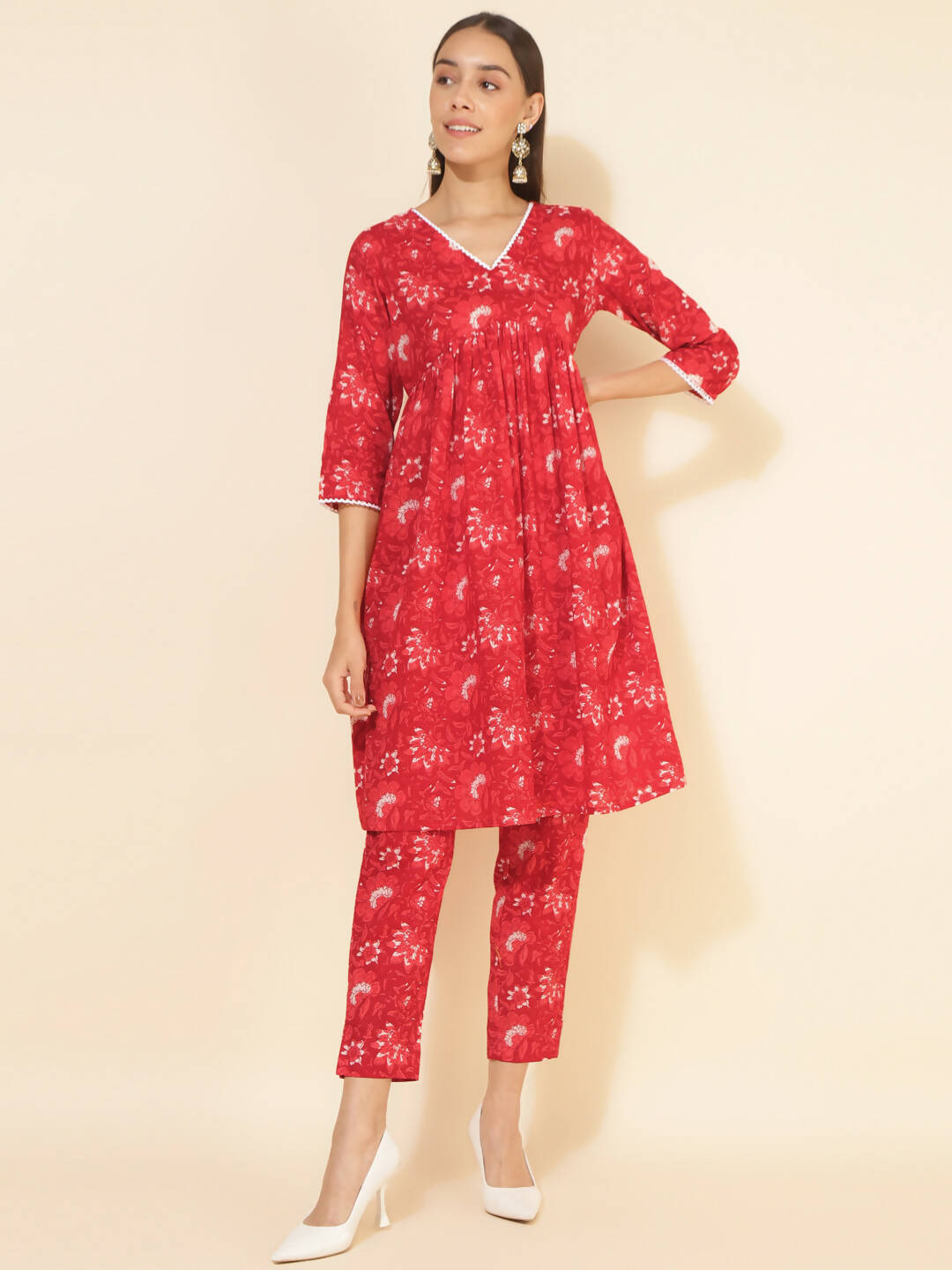 Janasya Women's Red Cotton Floral Printed Casual Flared Co-ords