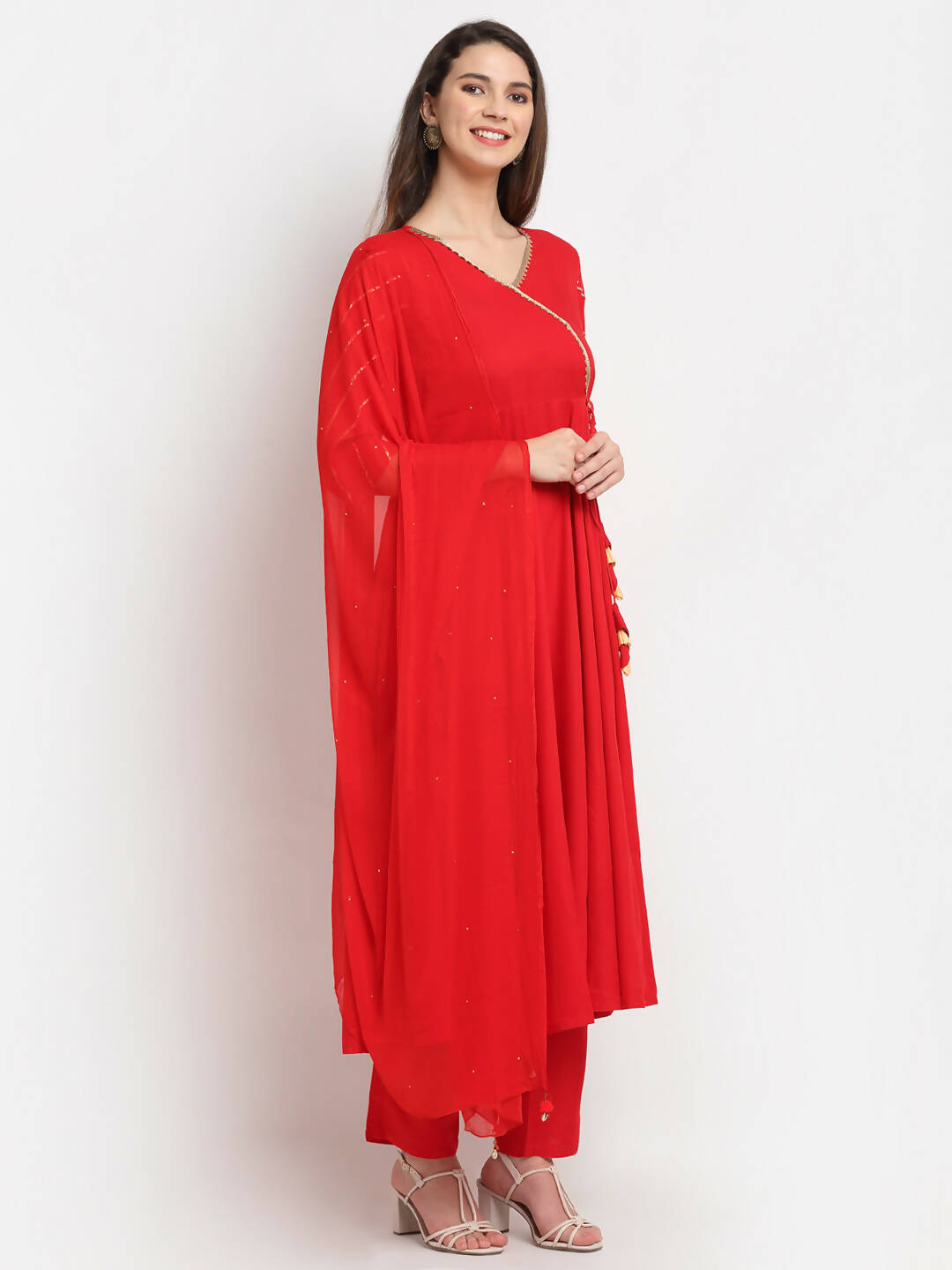 Rudra Bazaar Red Anarkali Kurti & Pyjamas With Dupatta
