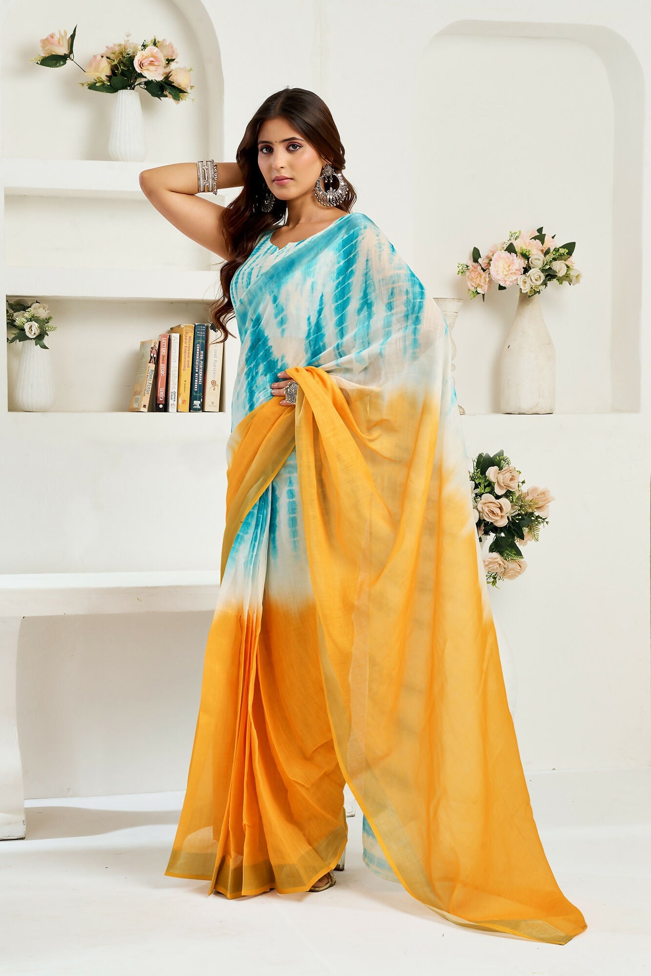 Vastranavya Multi Digital Printed Linen Ready To Wear Designer Saree with Unstitched Blouse