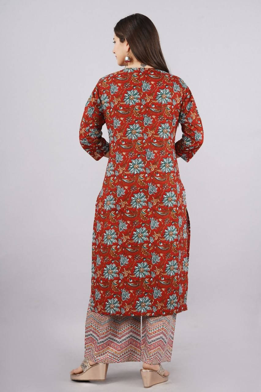 Vamika Printed Cotton Red Party Wear/Casual Wear Kurta Set/Suit
