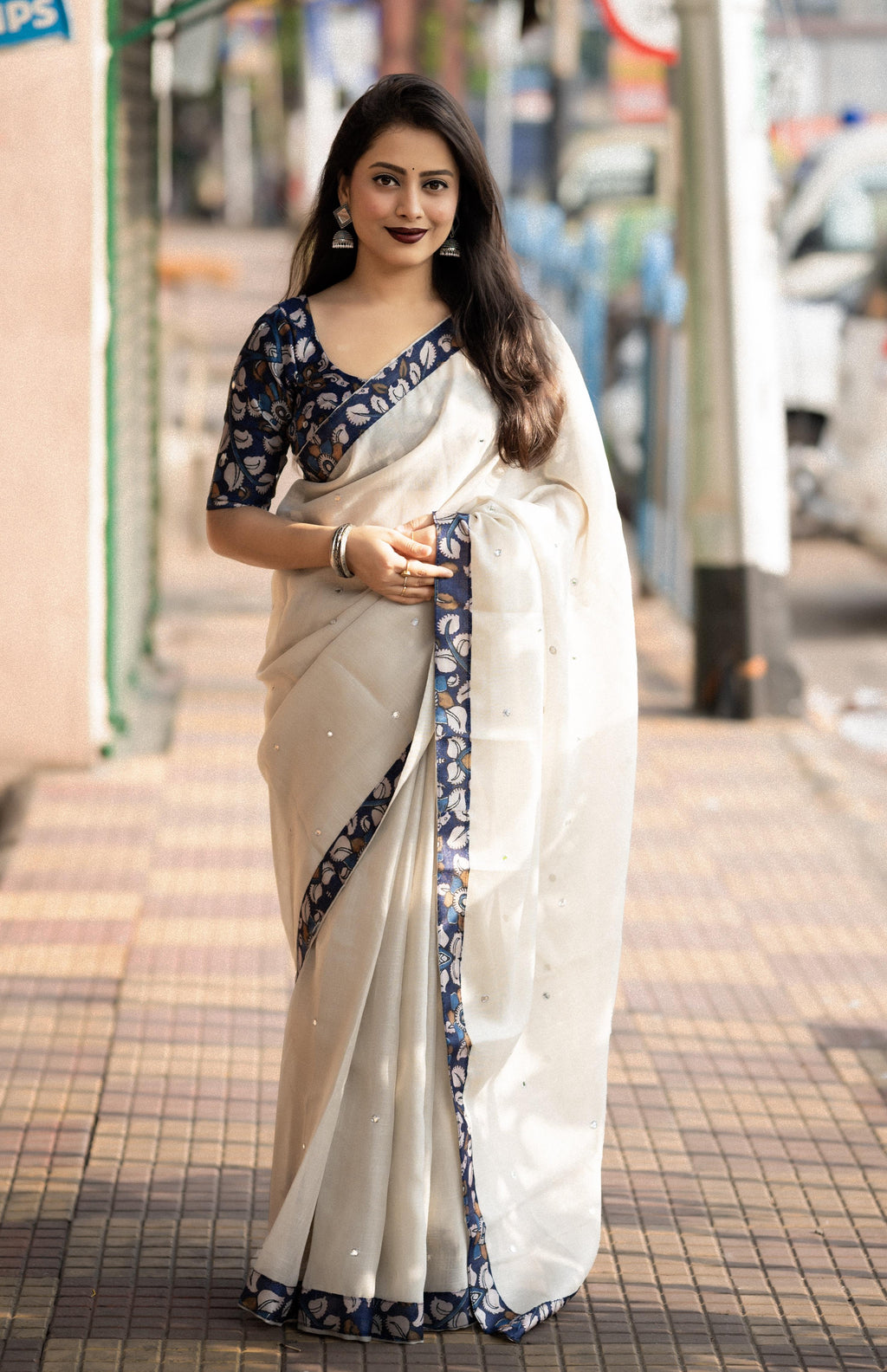 Cream Pure Linen Ethnic Motifs Saree with Unstitched Blouse - Hiral Fashion