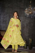 Jyoti Fashion Women's Yellow Net Embroidered Anarkali Kurta Pant Set With Dupatta