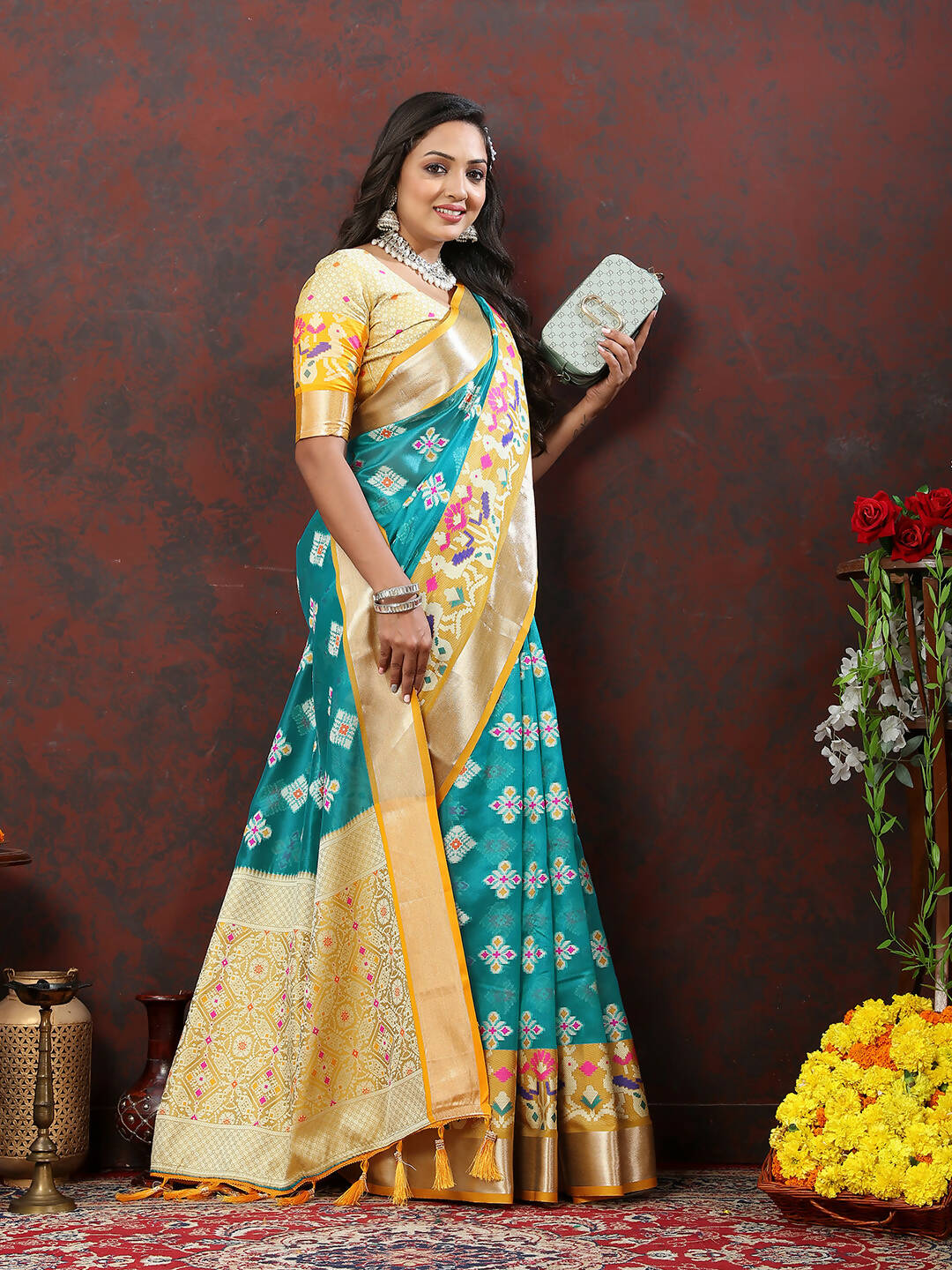 Lorenvalley Fashion Teal Organza Silk Woven Design with Meenakari Weaving Saree