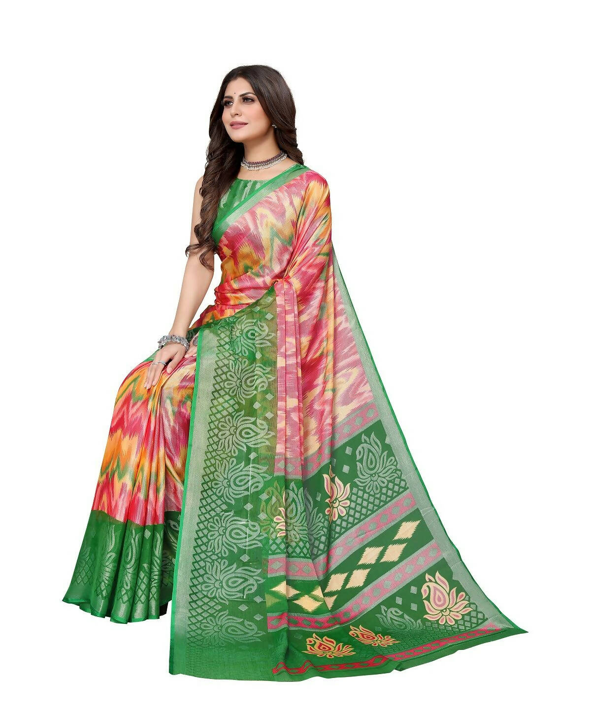 Vamika Pink Chiffon Brasso Bollywood Style Woven Saree (KARUNA GREEN)