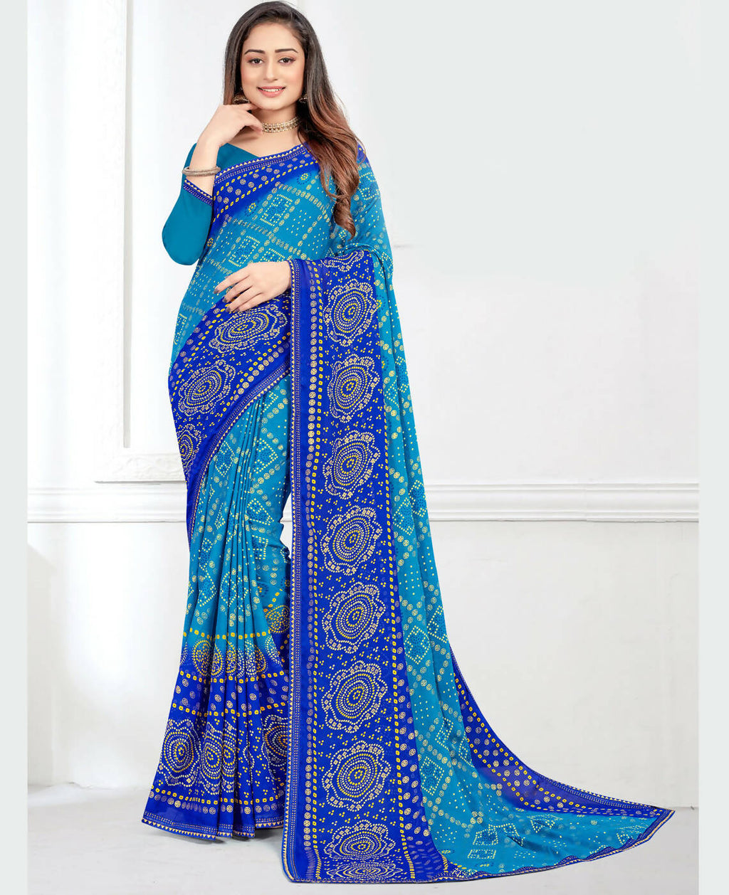 Sky Blue Georgette Bandhani Printed Saree With Unstitched Blouse Piece - Jyoti