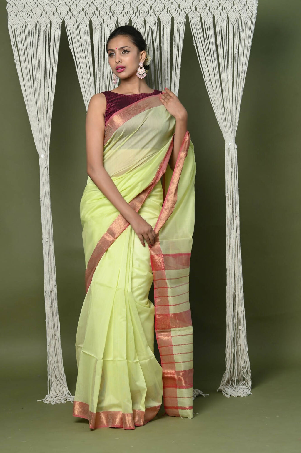 Very Much Indian Handloom Cotton Silk Maheshwari Saree With Sleek Golden Border - Chartreuse Green