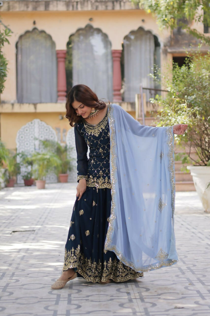 Vastranavya Faux Blooming with Sequins Embroidered Kurti, Palazzo & Dupatta - Teal