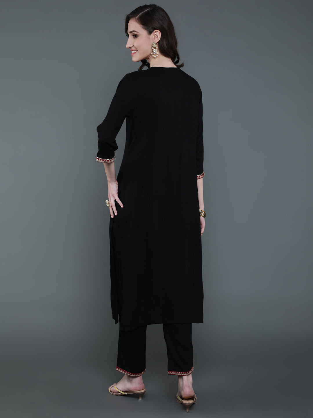 Antaran Black Rayon Embroidered Kurta Pant Set