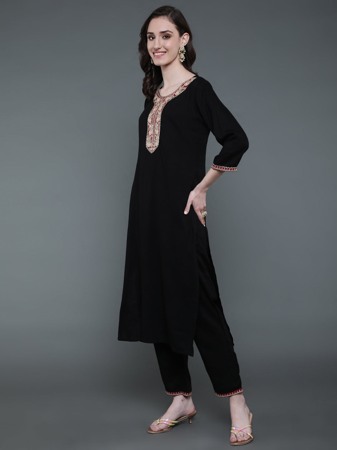 Antaran Black Rayon Embroidered Kurta Pant Set