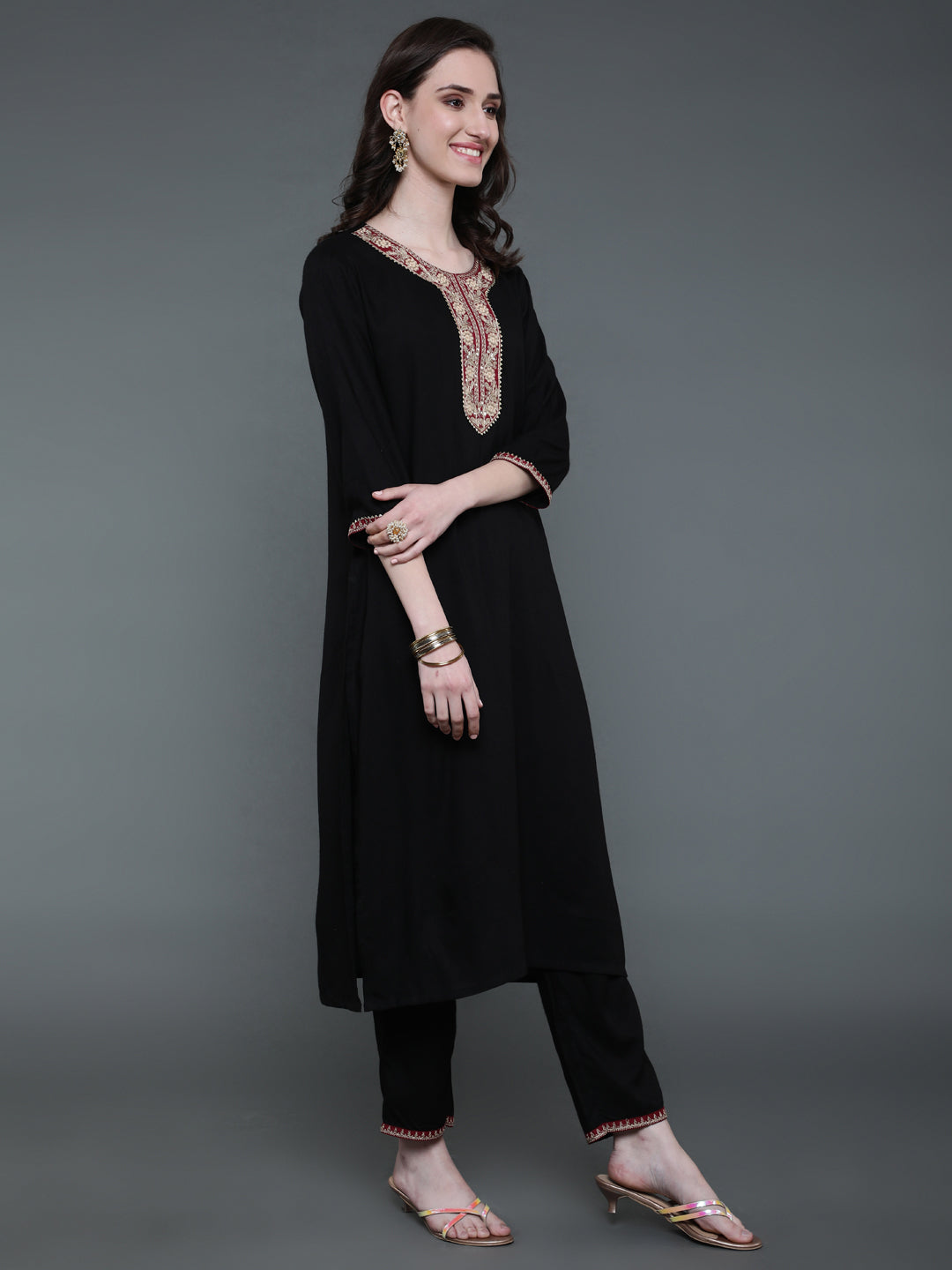 Antaran Black Rayon Embroidered Kurta Pant Set