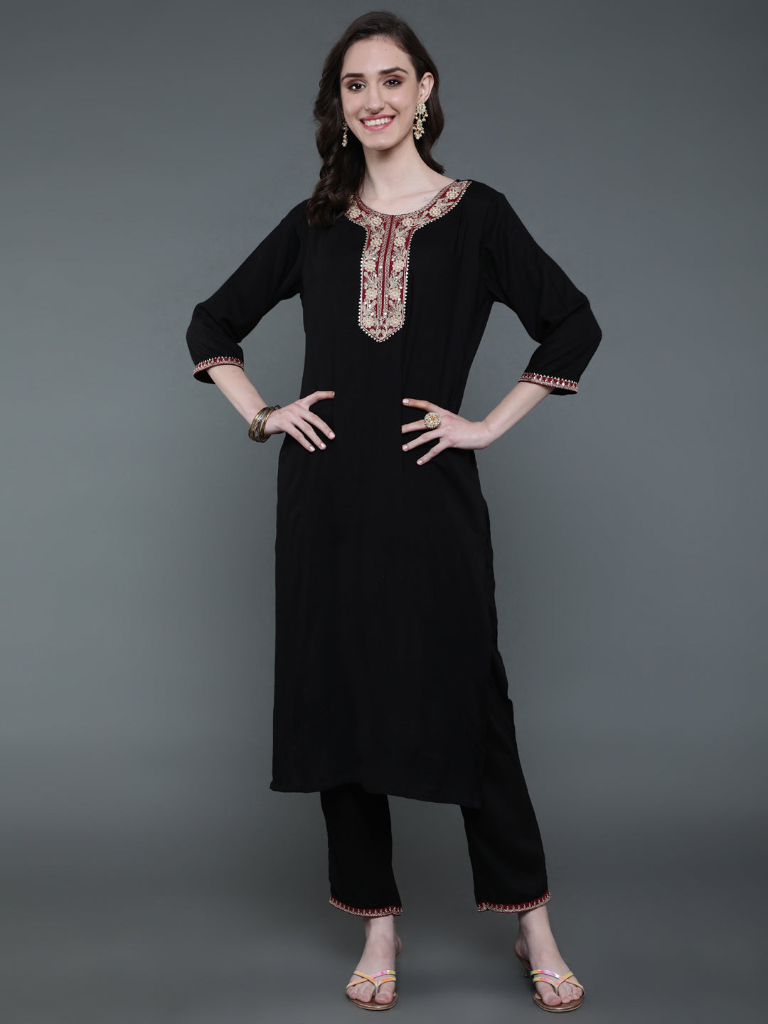 Antaran Black Rayon Embroidered Kurta Pant Set
