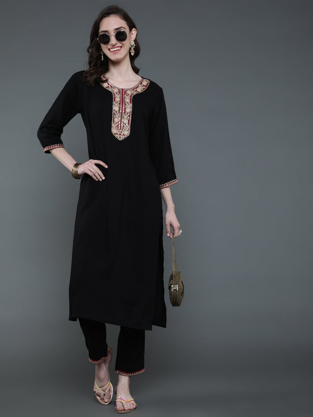 Antaran Black Rayon Embroidered Kurta Pant Set