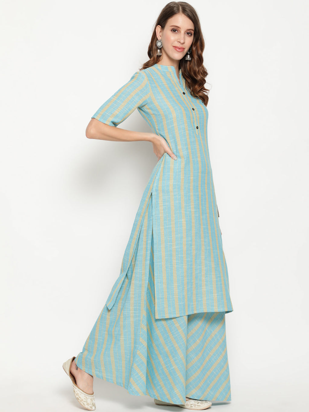 Antaran Blue Cotton Yarn Dyed Striped Kurta