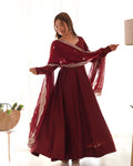 Lorenvalley Fashion Maroon Pure Roman Silk Chanderi Fabric Fully Flared Anarkali Pant With Dupatta Set - Maroon