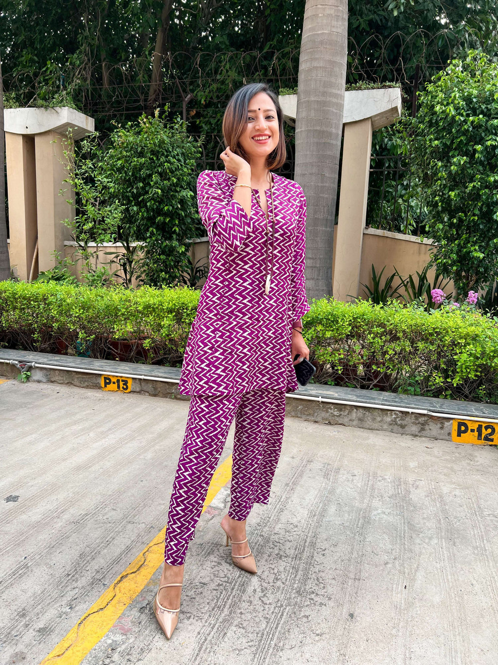 trueBrowns Purple White Lehariya Printed Silk Co-Ord Set