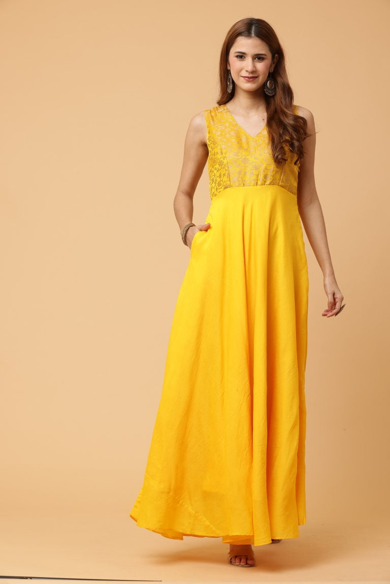 Fab Fashion Yellow Sleeveless Anarkali Dress