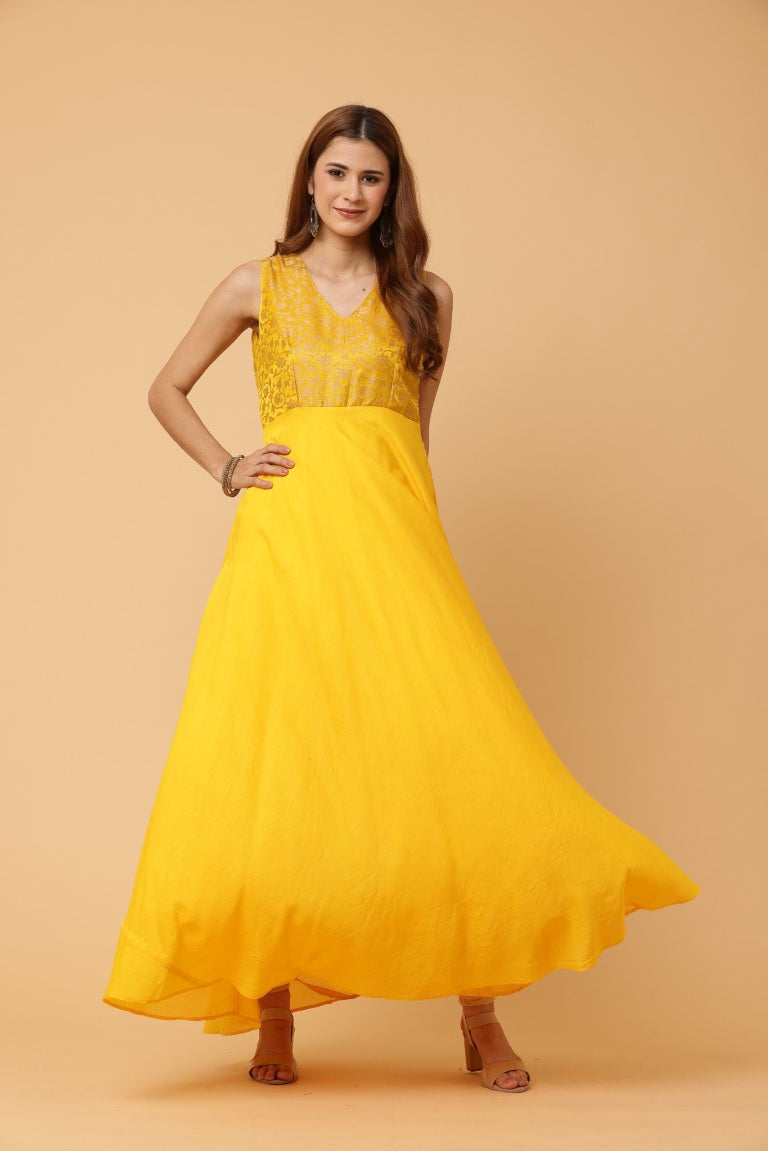 Fab Fashion Yellow Sleeveless Anarkali Dress