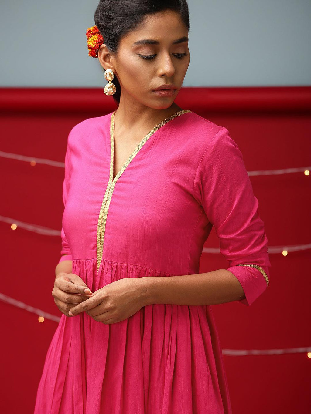 trueBrowns Pink Gold Lace Dress