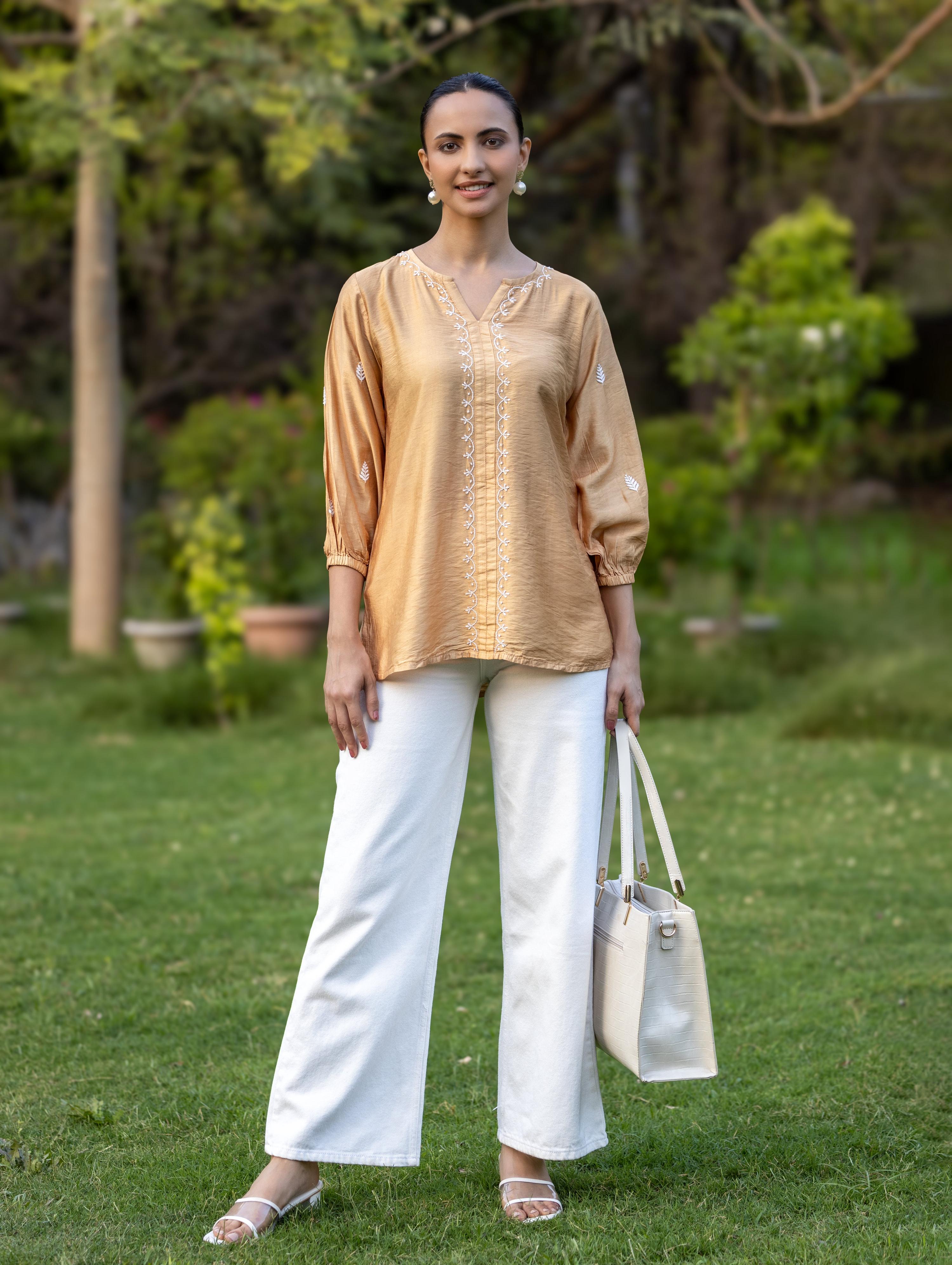 Gharana India Chanderi Chikankari Golden Beige Top