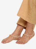 Gold-Polished White Handcrafted Kundan Set Of 2-Studded Beaded Anklets - Ruby Raang
