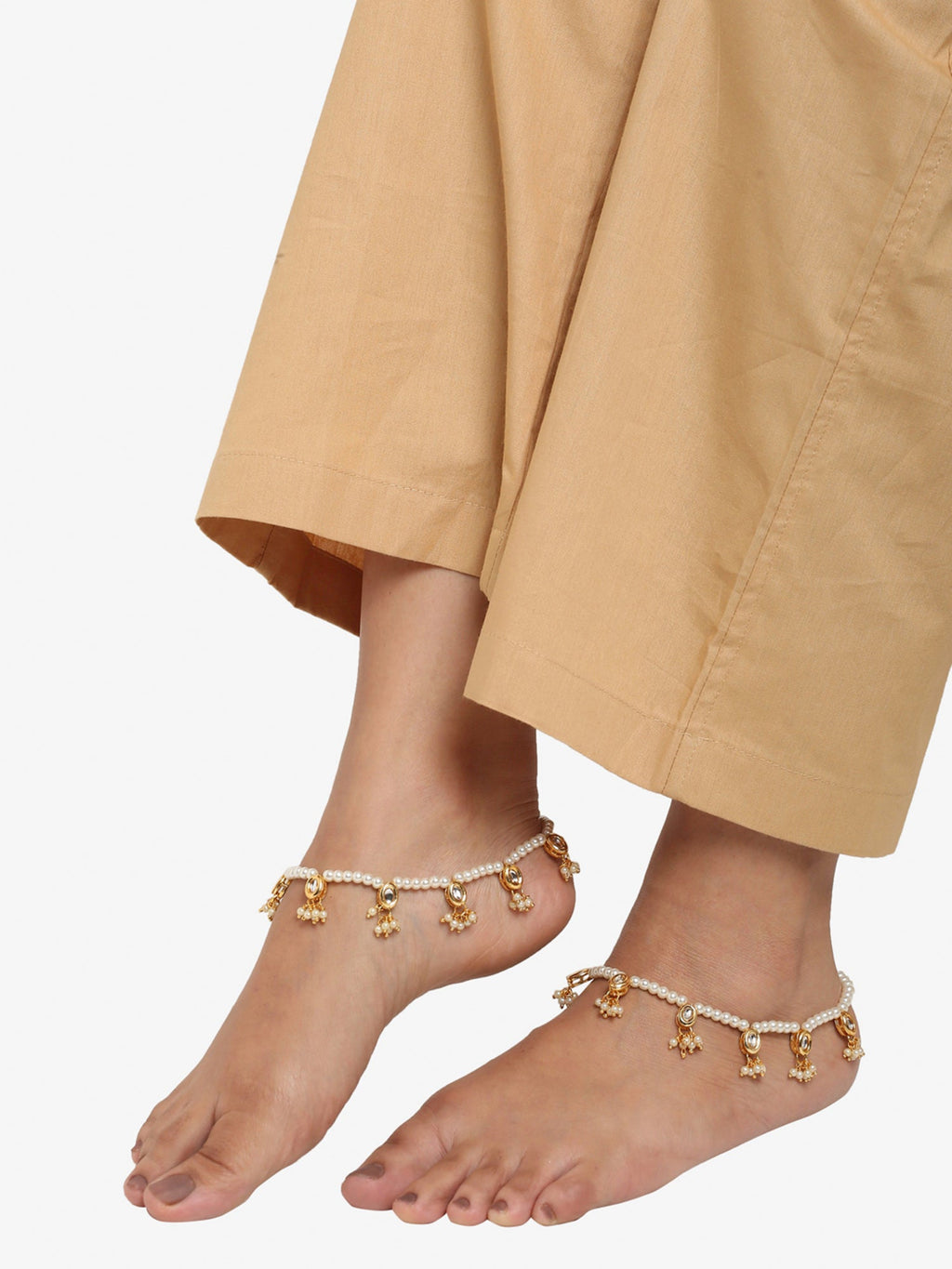 White Gold-Toned Plated Kundan Anklets Set Of 2 - Ruby Raang