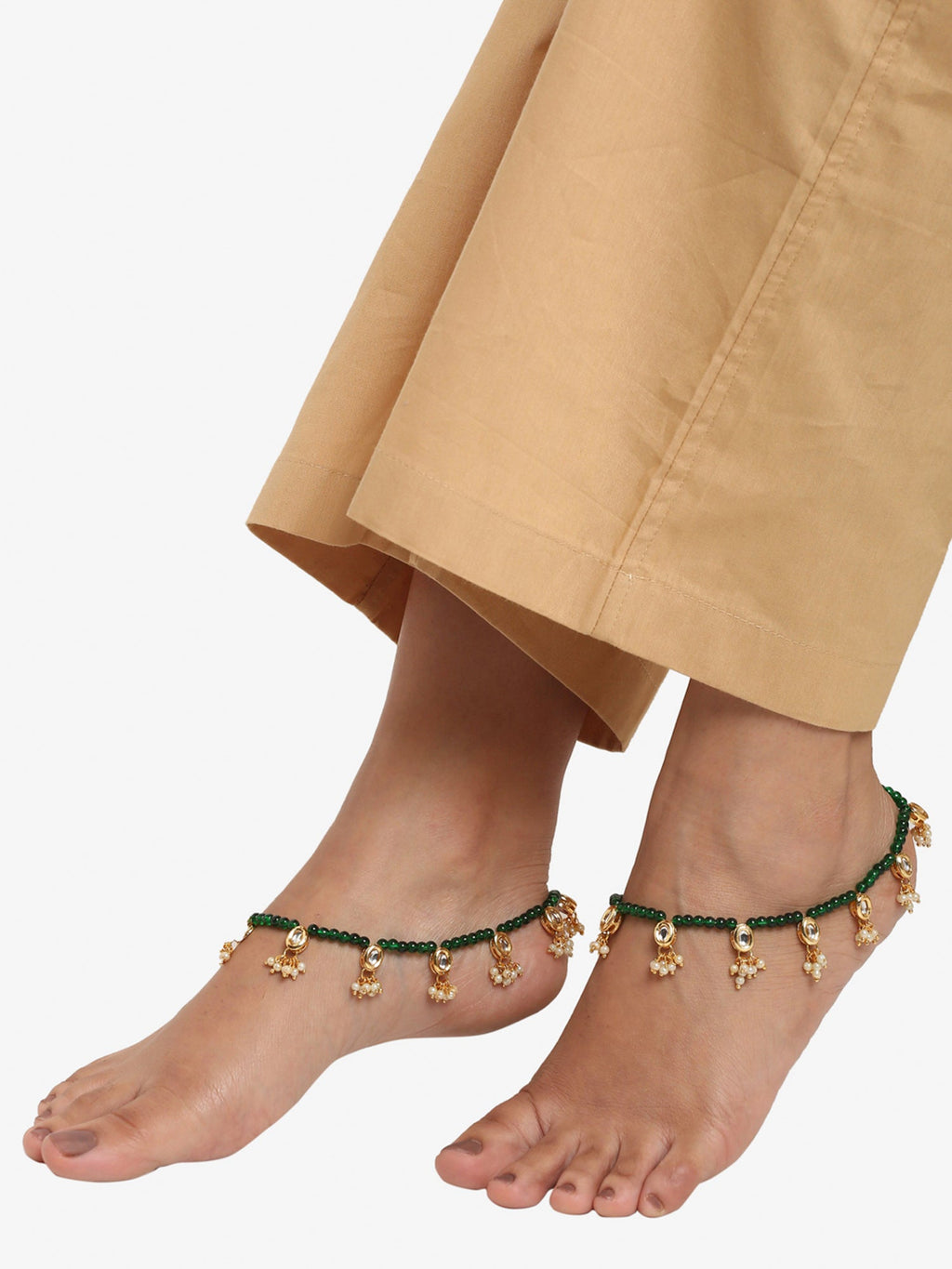 Women's Set Of 2 Green Anklets - Ruby Raang