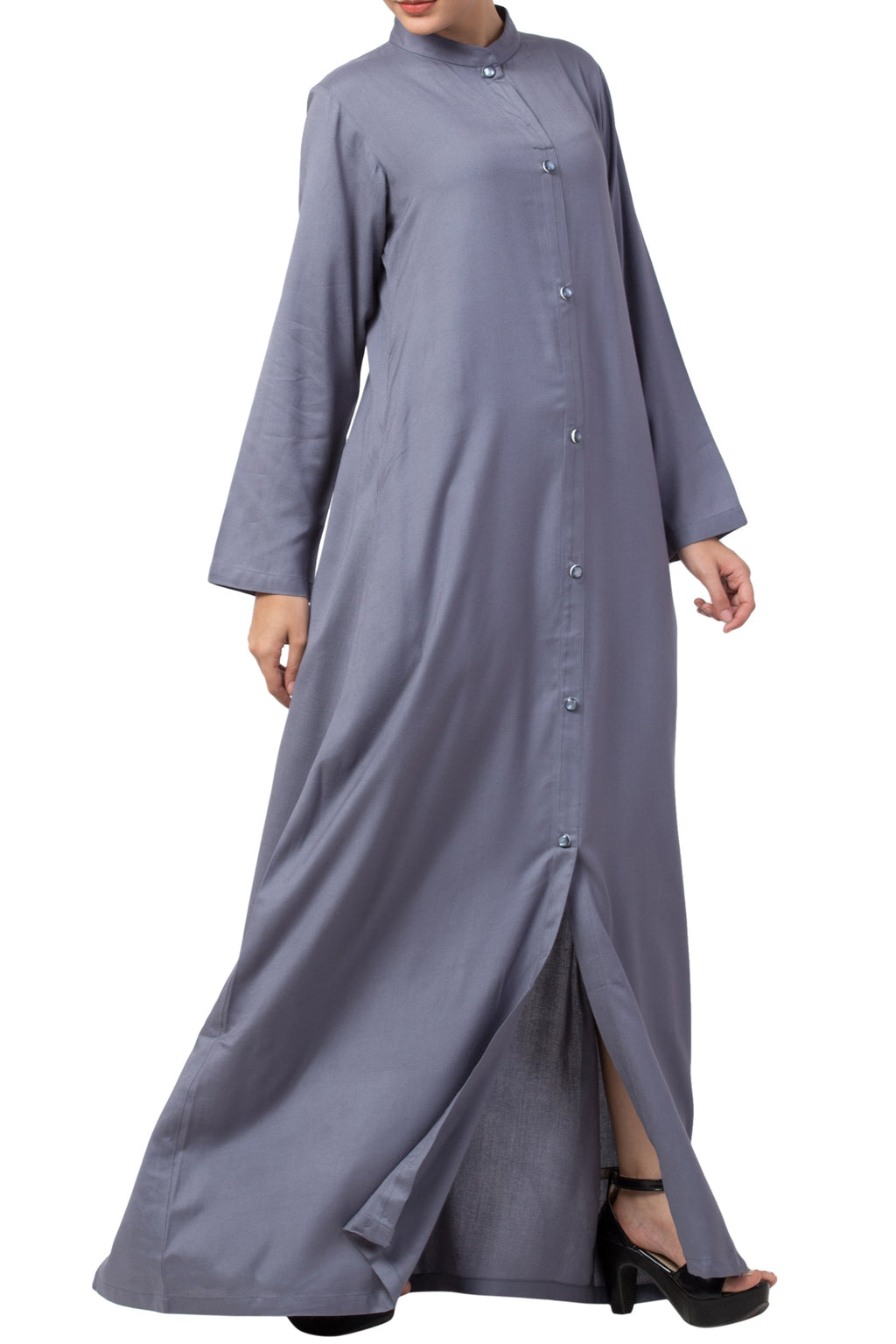 Bashariya Simple Front Open Abaya In Rayon Fabric With Pockets - Grey