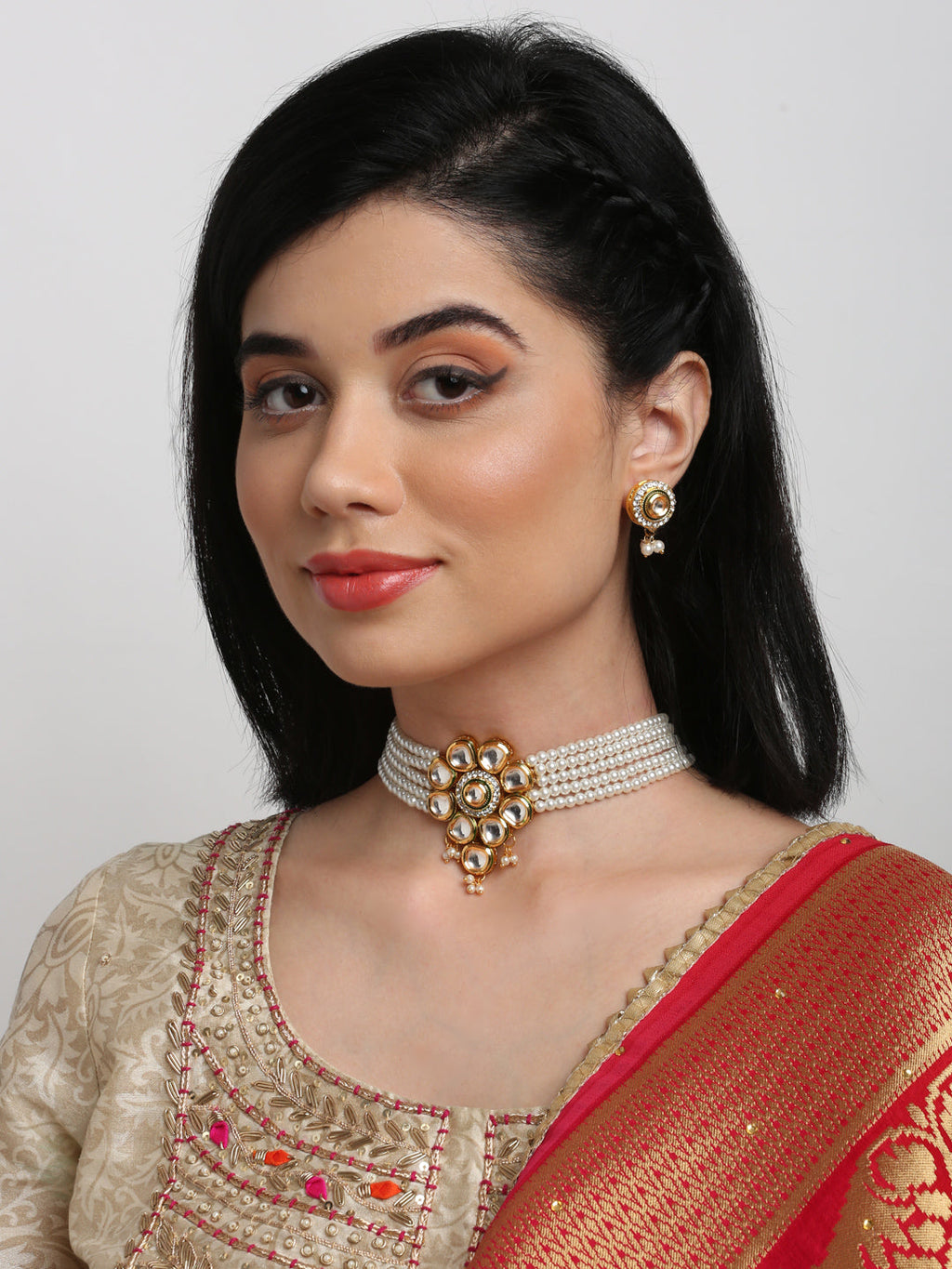 Kundan Choker With Pearls, Earrings - Ruby Raang