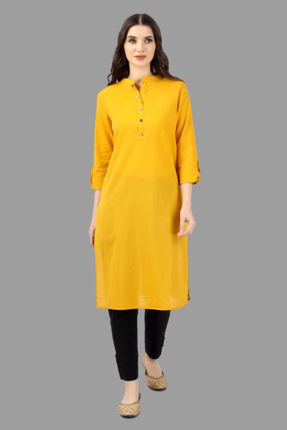House of RP Women's Yellow Solid Cotton Straight Kurta
